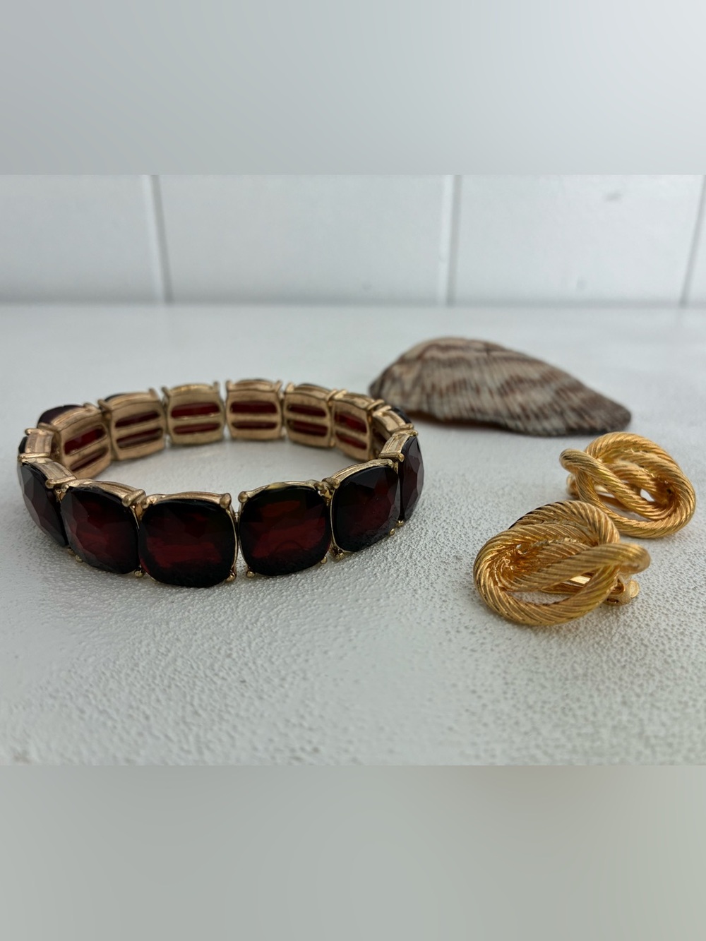 Gold-Tone Stretch Bracelet with Deep Red Cushion Stones & Clip On Earrings